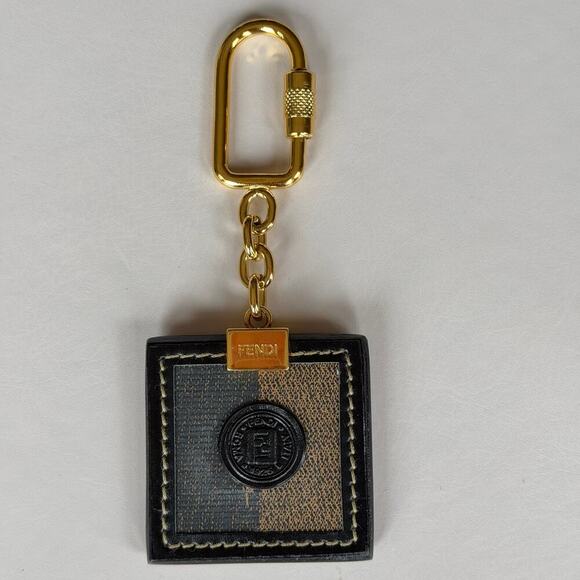 FENDI Mens Iconic Pequin Striped Leather Gold Tone Keychain MINT - Picture 2 of 8
